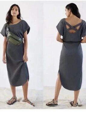 Anthropologie Daily Practice Ribbed Midi Dress Elastic Waist Cotton Criss Cross